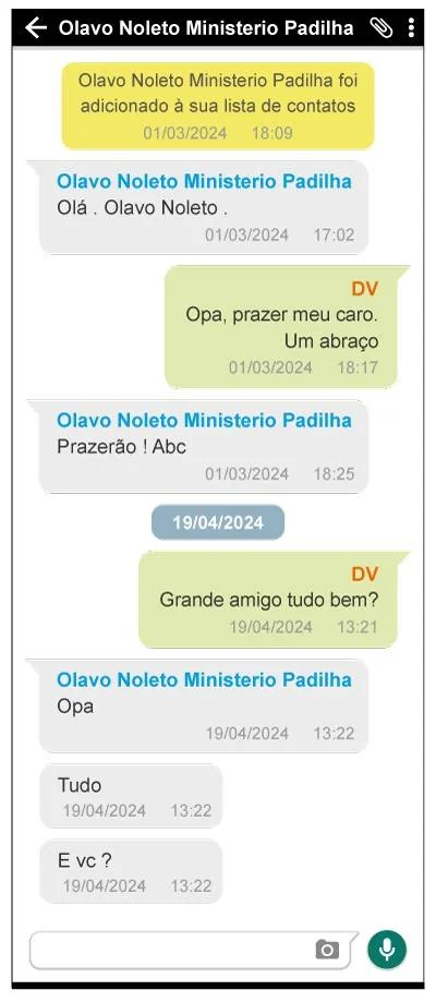 Captura de tela de um aplicativo de mensagens, mostrando uma conversa entre Olavo Noleto Ministério Padilha e DV. As mensagens incluem saudações, cumprimentos e perguntas sobre o bem-estar, com datas de março e abril de 2024